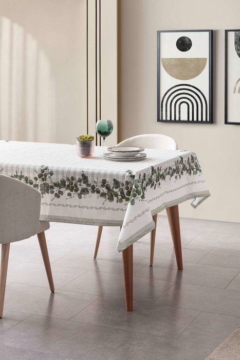 Hermia Eucalyptus 230 Mantel de Algodón Verde y Blanco 150 x 230 cm